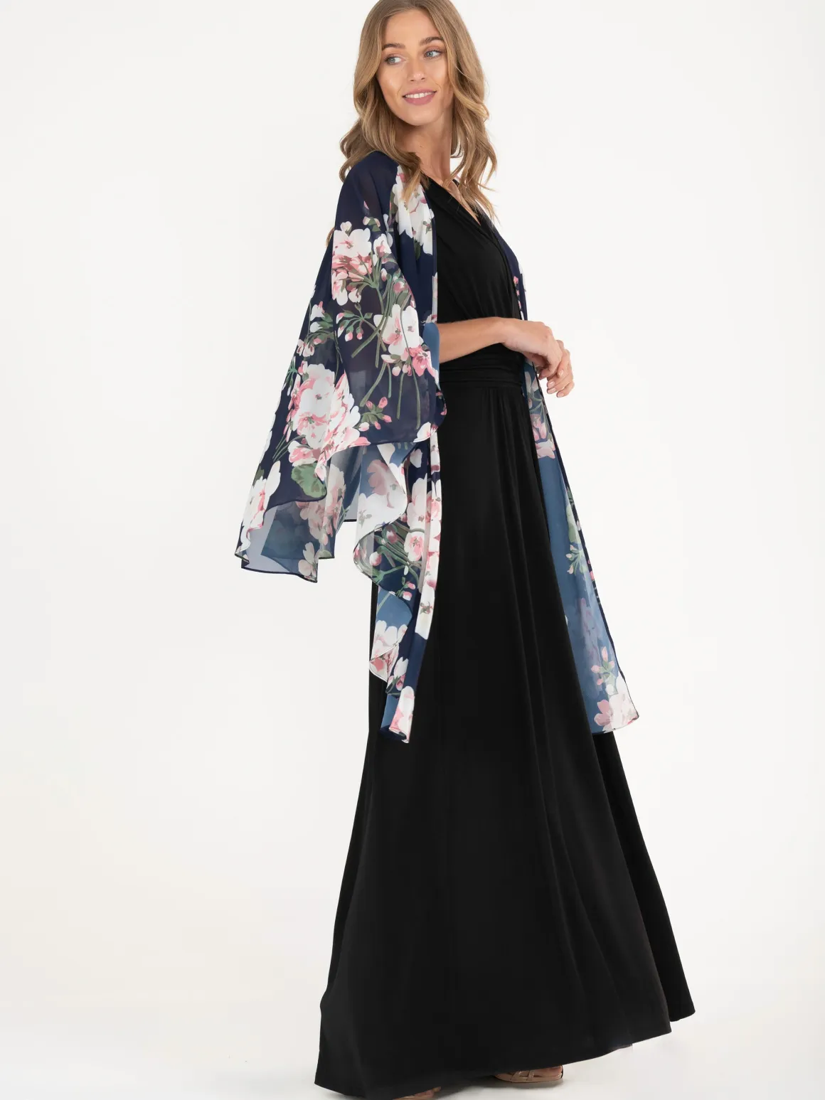 Waterfall Chiffon Shawl, Navy Floral