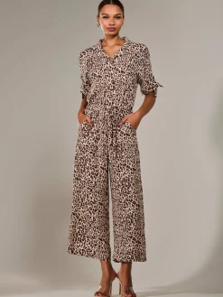 Wide Leg Half Sleeve Jumpsuit, Brown Leopard