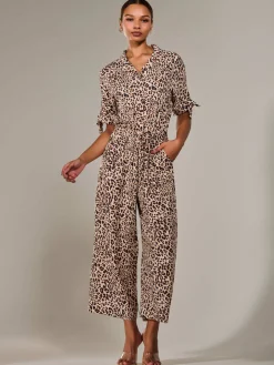 Wide Leg Half Sleeve Jumpsuit, Brown Leopard