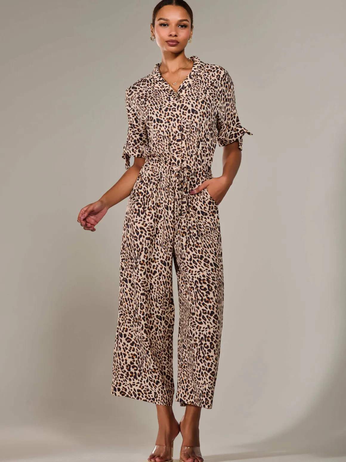 Wide Leg Half Sleeve Jumpsuit, Brown Leopard
