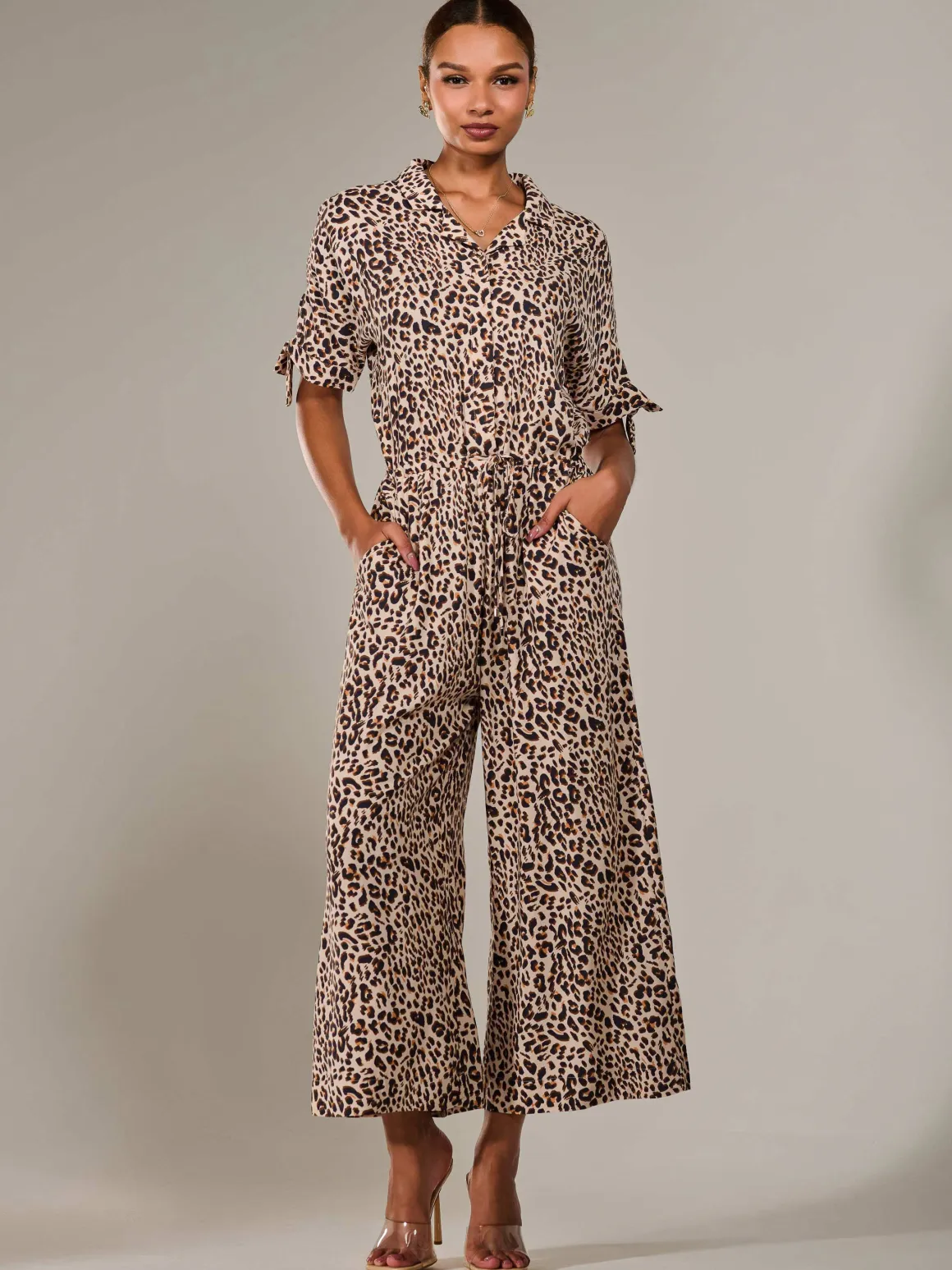 Wide Leg Half Sleeve Jumpsuit, Brown Leopard