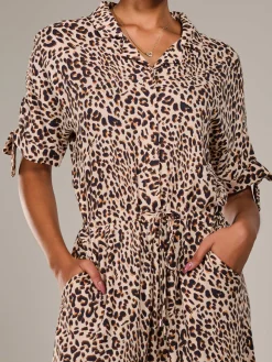 Wide Leg Half Sleeve Jumpsuit, Brown Leopard