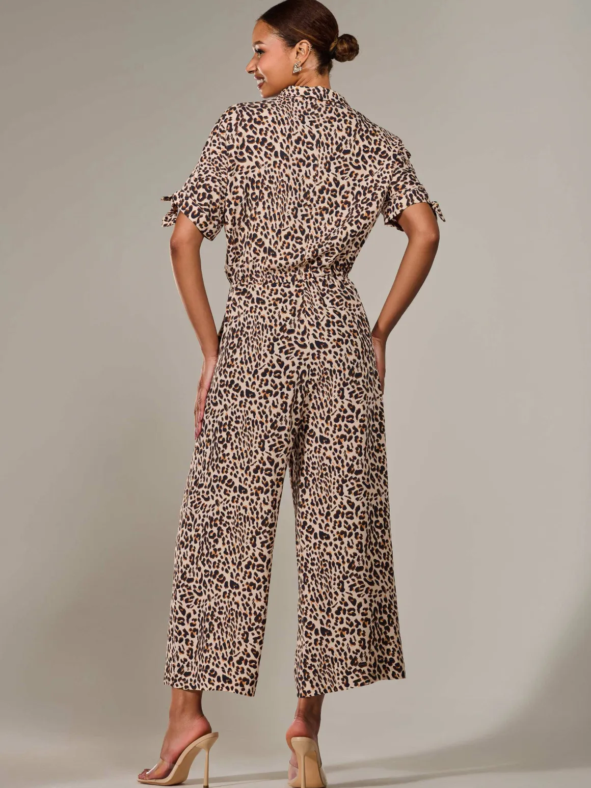 Wide Leg Half Sleeve Jumpsuit, Brown Leopard