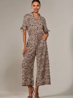 Wide Leg Half Sleeve Jumpsuit, Brown Leopard