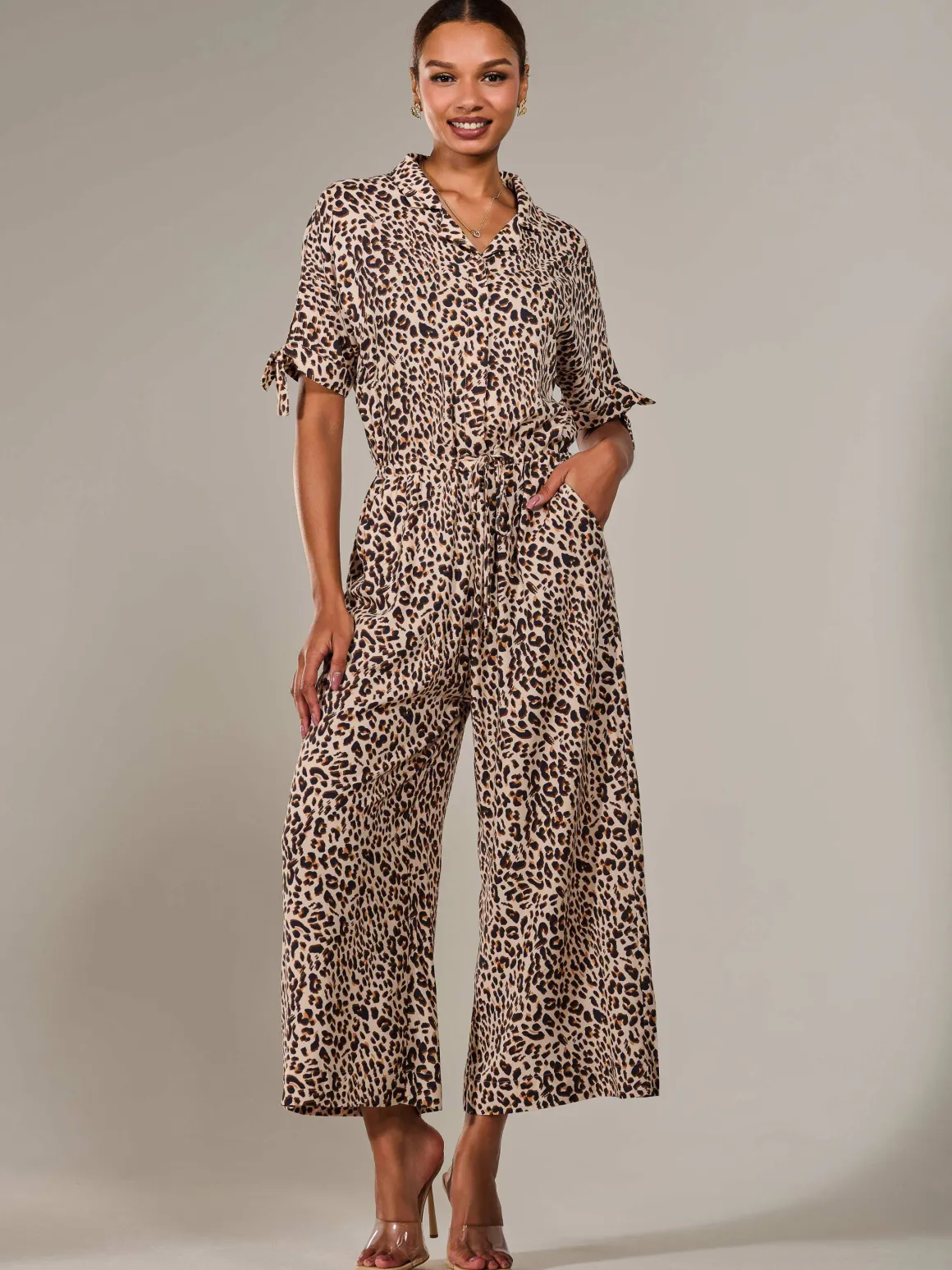 Wide Leg Half Sleeve Jumpsuit, Brown Leopard