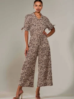 Wide Leg Half Sleeve Jumpsuit, Brown Leopard