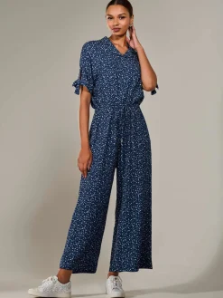 Wide Leg Half Sleeve Jumpsuit, Navy Spot