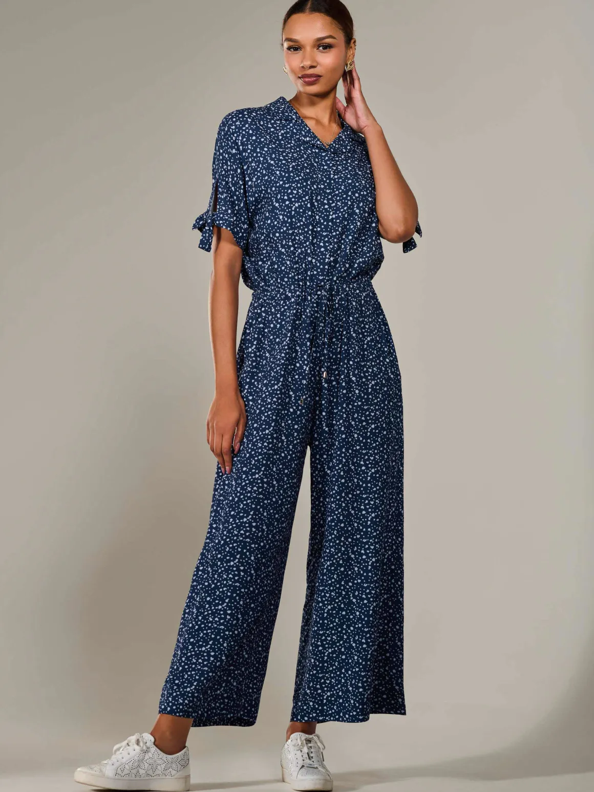 Wide Leg Half Sleeve Jumpsuit, Navy Spot