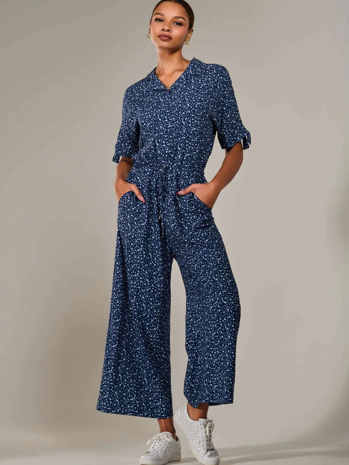 Wide Leg Half Sleeve Jumpsuit, Navy Spot