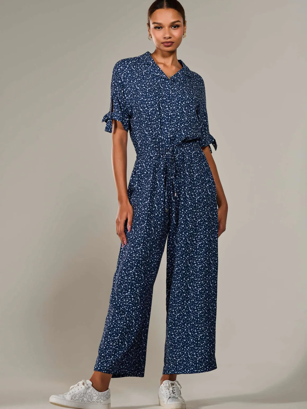 Wide Leg Half Sleeve Jumpsuit, Navy Spot