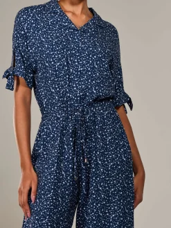 Wide Leg Half Sleeve Jumpsuit, Navy Spot