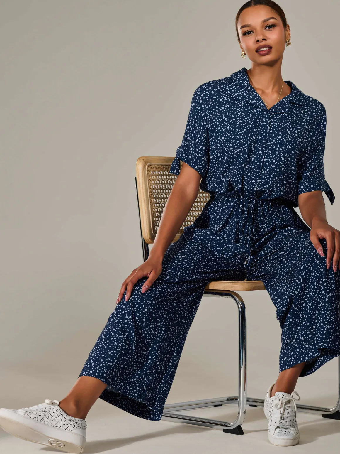 Wide Leg Half Sleeve Jumpsuit, Navy Spot