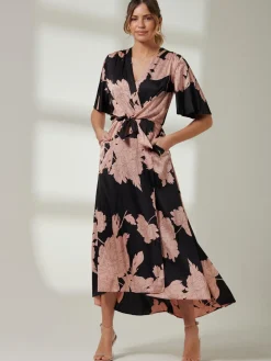 Willow Satin Wrap Tie Waist Dress, Black Pink Floral