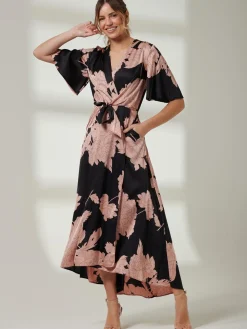 Willow Satin Wrap Tie Waist Dress, Black Pink Floral