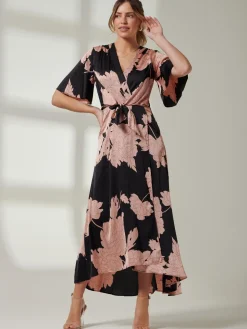 Willow Satin Wrap Tie Waist Dress, Black Pink Floral