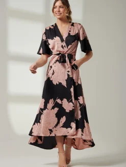 Willow Satin Wrap Tie Waist Dress, Black Pink Floral
