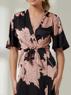 Willow Satin Wrap Tie Waist Dress, Black Pink Floral