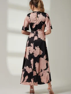 Willow Satin Wrap Tie Waist Dress, Black Pink Floral
