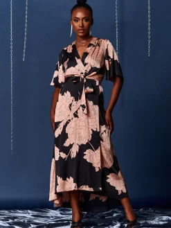 Willow Satin Wrap Tie Waist Dress, Black Pink Floral