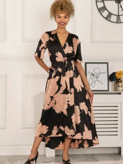 Willow Satin Wrap Tie Waist Dress, Black Pink Floral