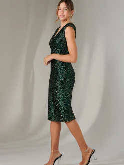 Wrap Bodice Sequin Midi Dress, Black Green