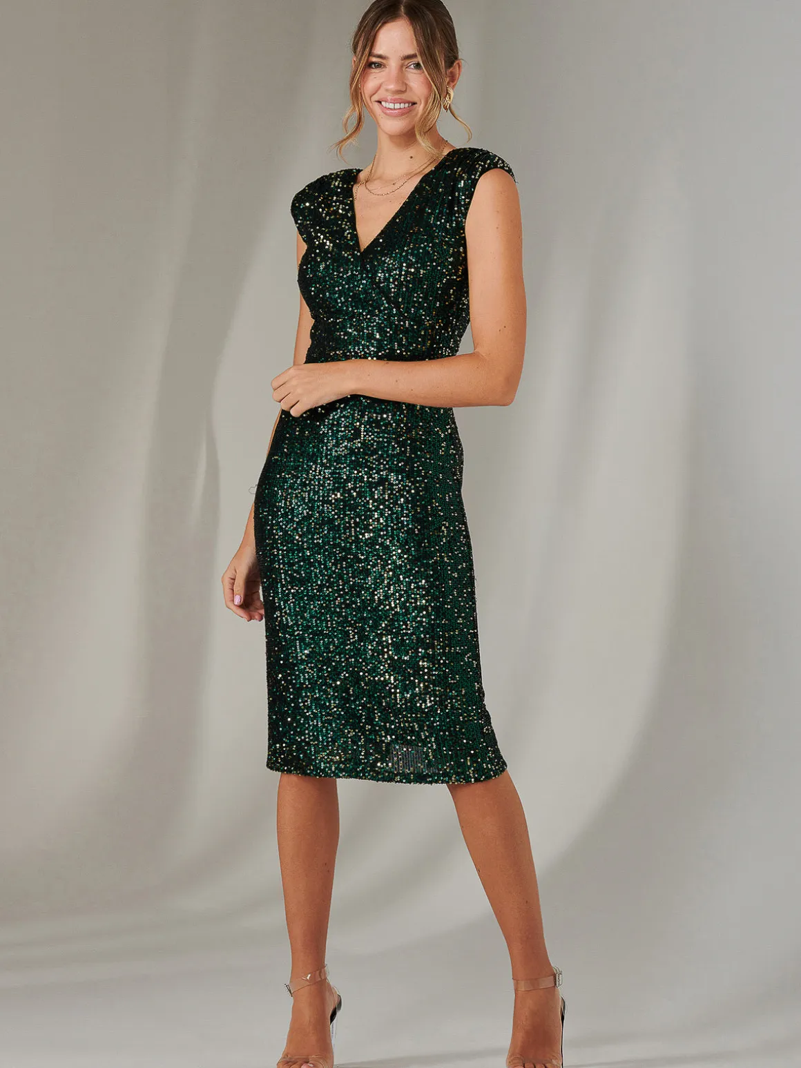Wrap Bodice Sequin Midi Dress, Black Green