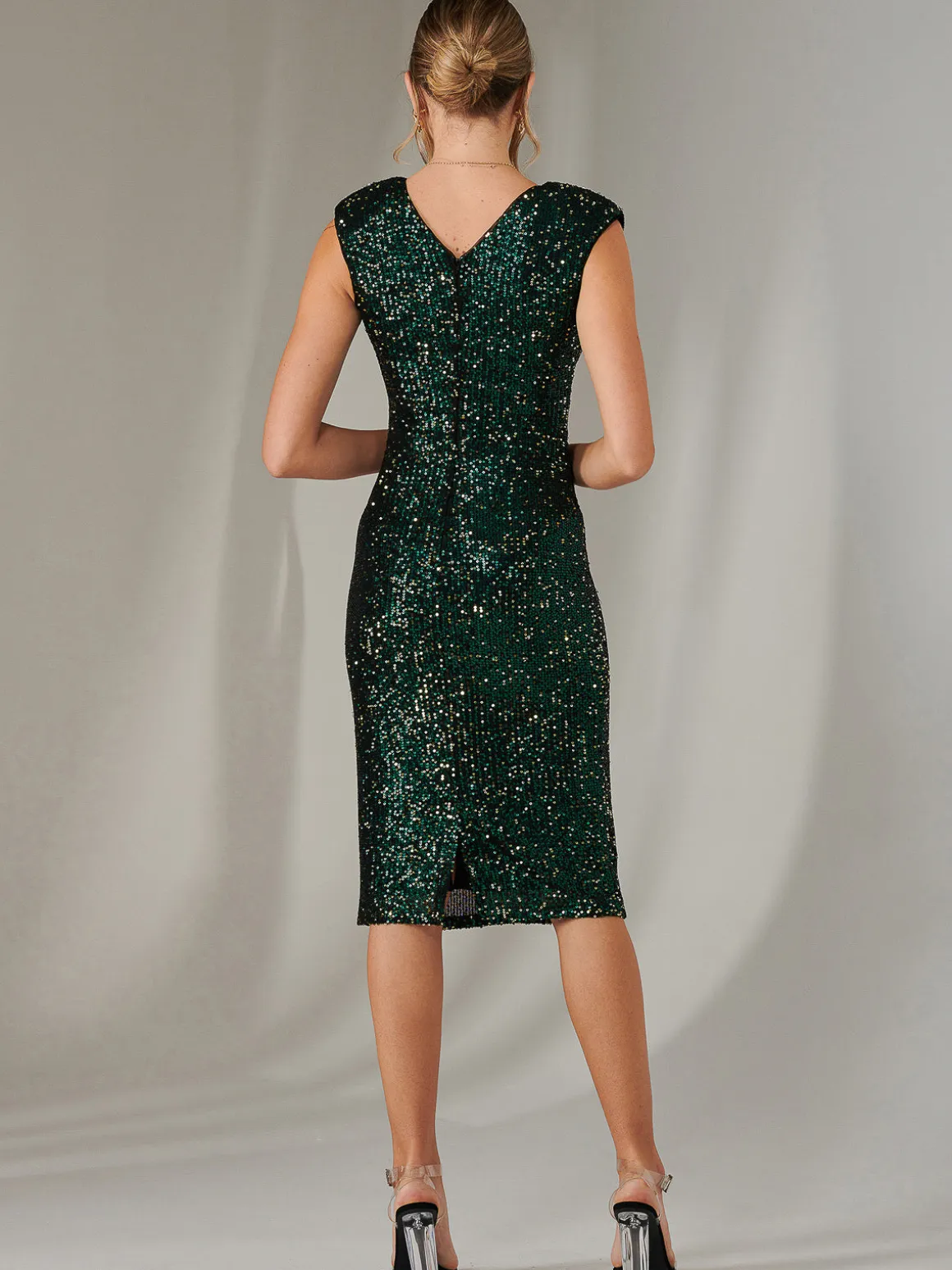 Wrap Bodice Sequin Midi Dress, Black Green
