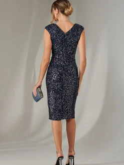 Wrap Bodice Sequin Midi Dress, Navy Silver