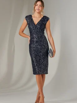 Wrap Bodice Sequin Midi Dress, Navy Silver