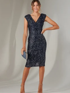 Wrap Bodice Sequin Midi Dress, Navy Silver