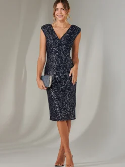 Wrap Bodice Sequin Midi Dress, Navy Silver