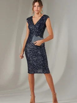 Wrap Bodice Sequin Midi Dress, Navy Silver