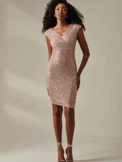 Wrap Bodice Sequin Midi Dress, Rose Pink