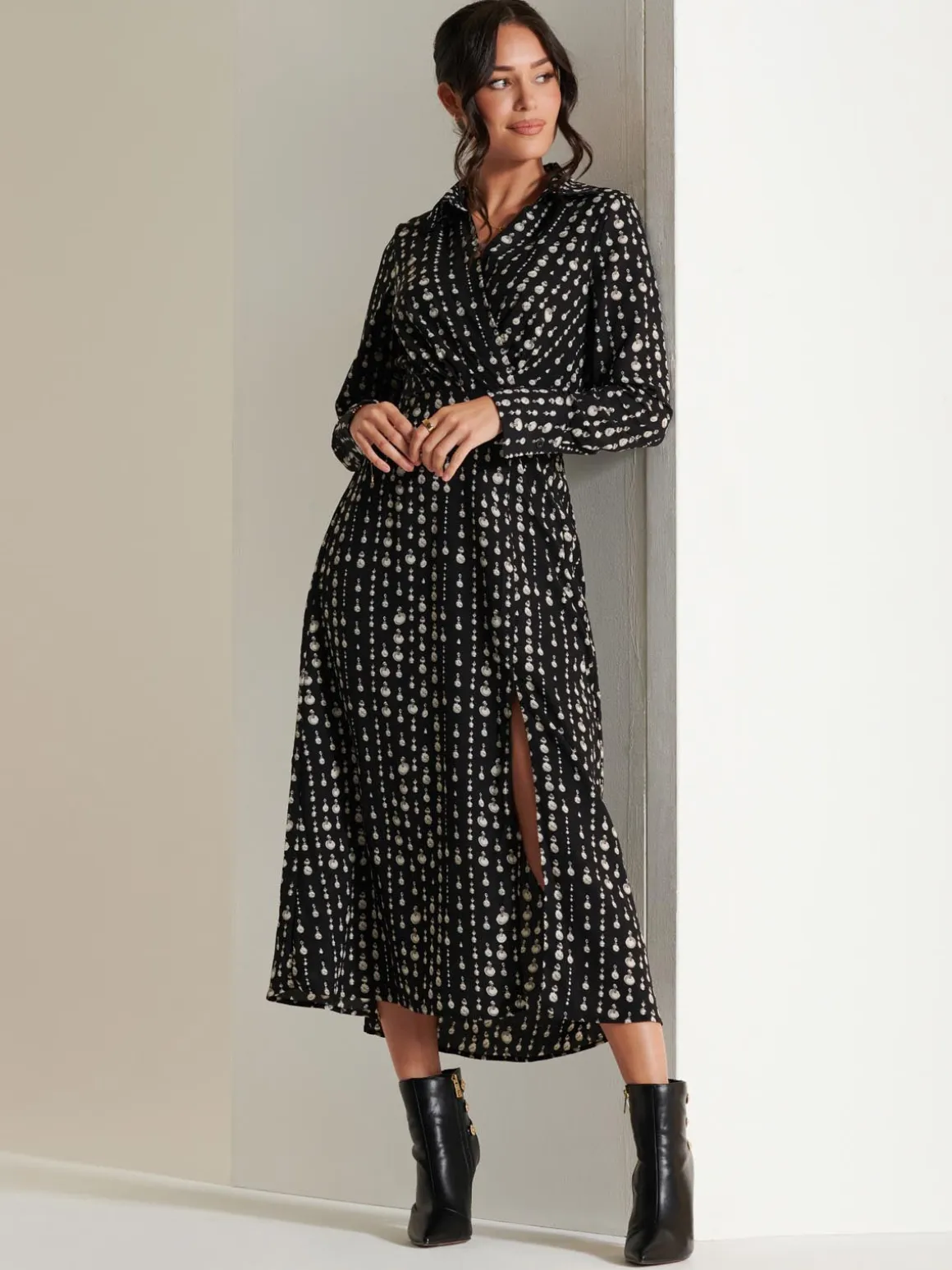 Wrap Detail Shirt Maxi Dress, Black Pattern