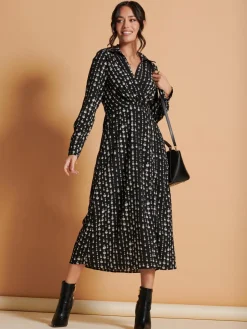 Wrap Detail Shirt Maxi Dress, Black Pattern