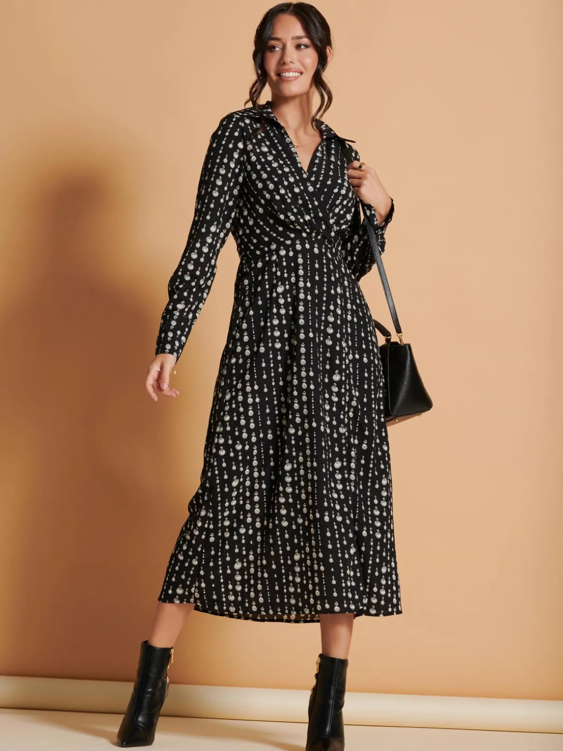 Wrap Detail Shirt Maxi Dress, Black Pattern