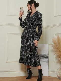 Wrap Detail Shirt Maxi Dress, Black Pattern