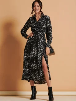 Wrap Detail Shirt Maxi Dress, Black Pattern