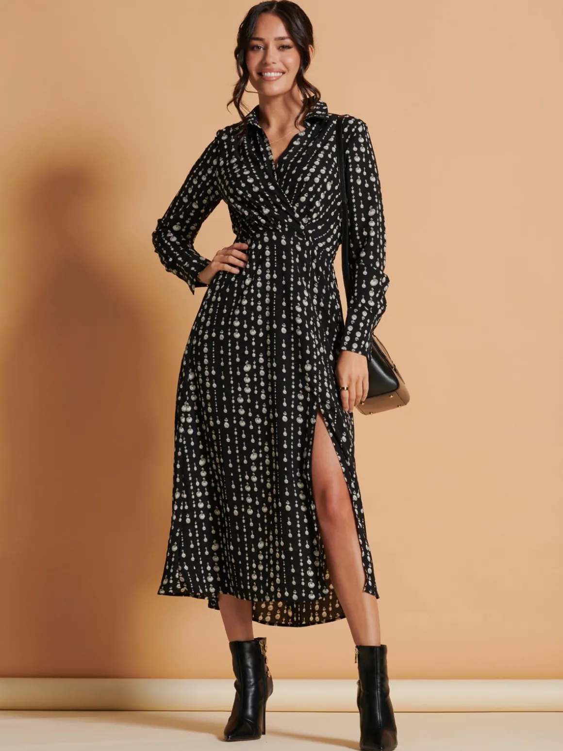Wrap Detail Shirt Maxi Dress, Black Pattern