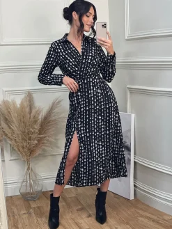 Wrap Detail Shirt Maxi Dress, Black Pattern
