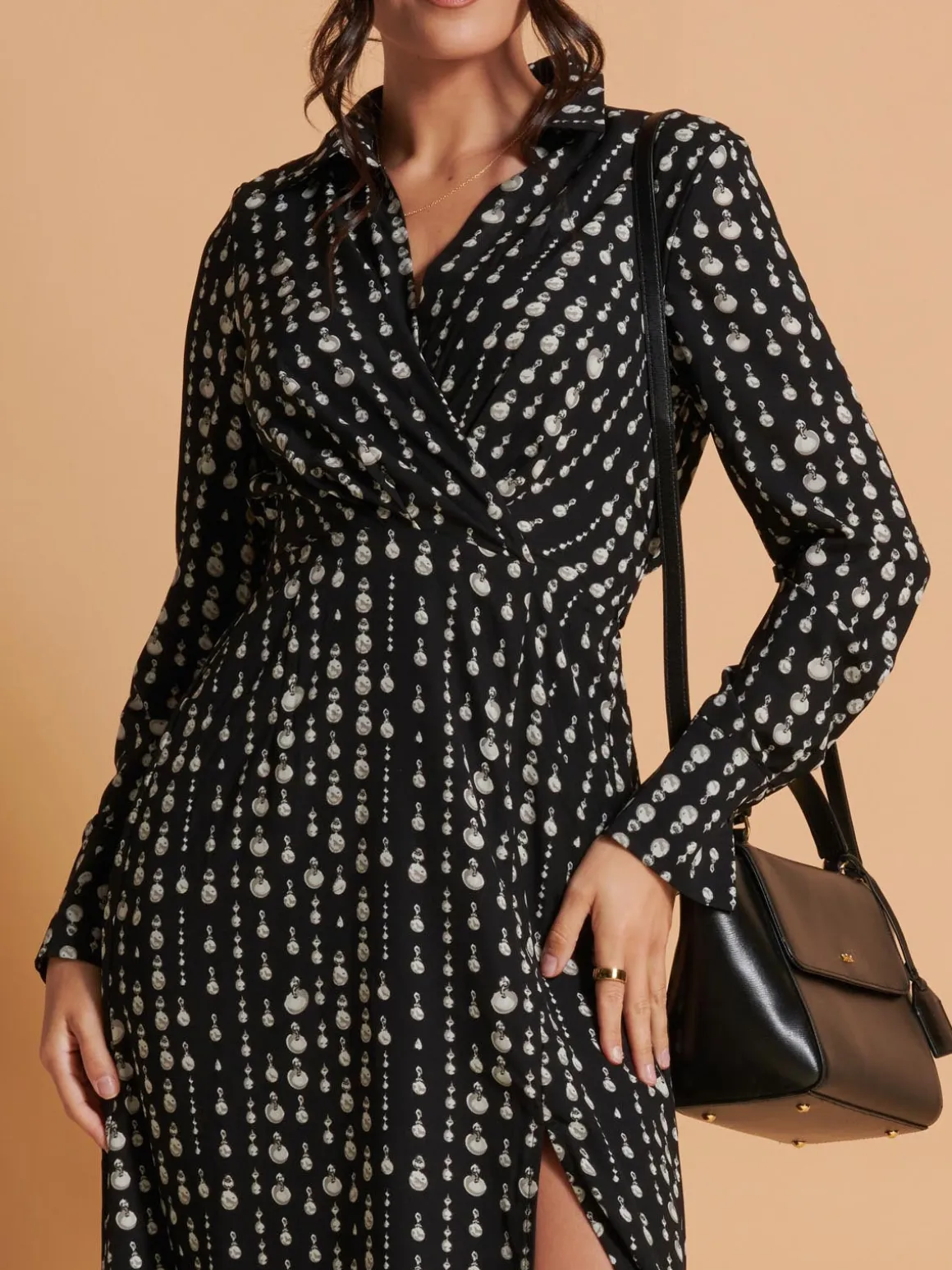 Wrap Detail Shirt Maxi Dress, Black Pattern