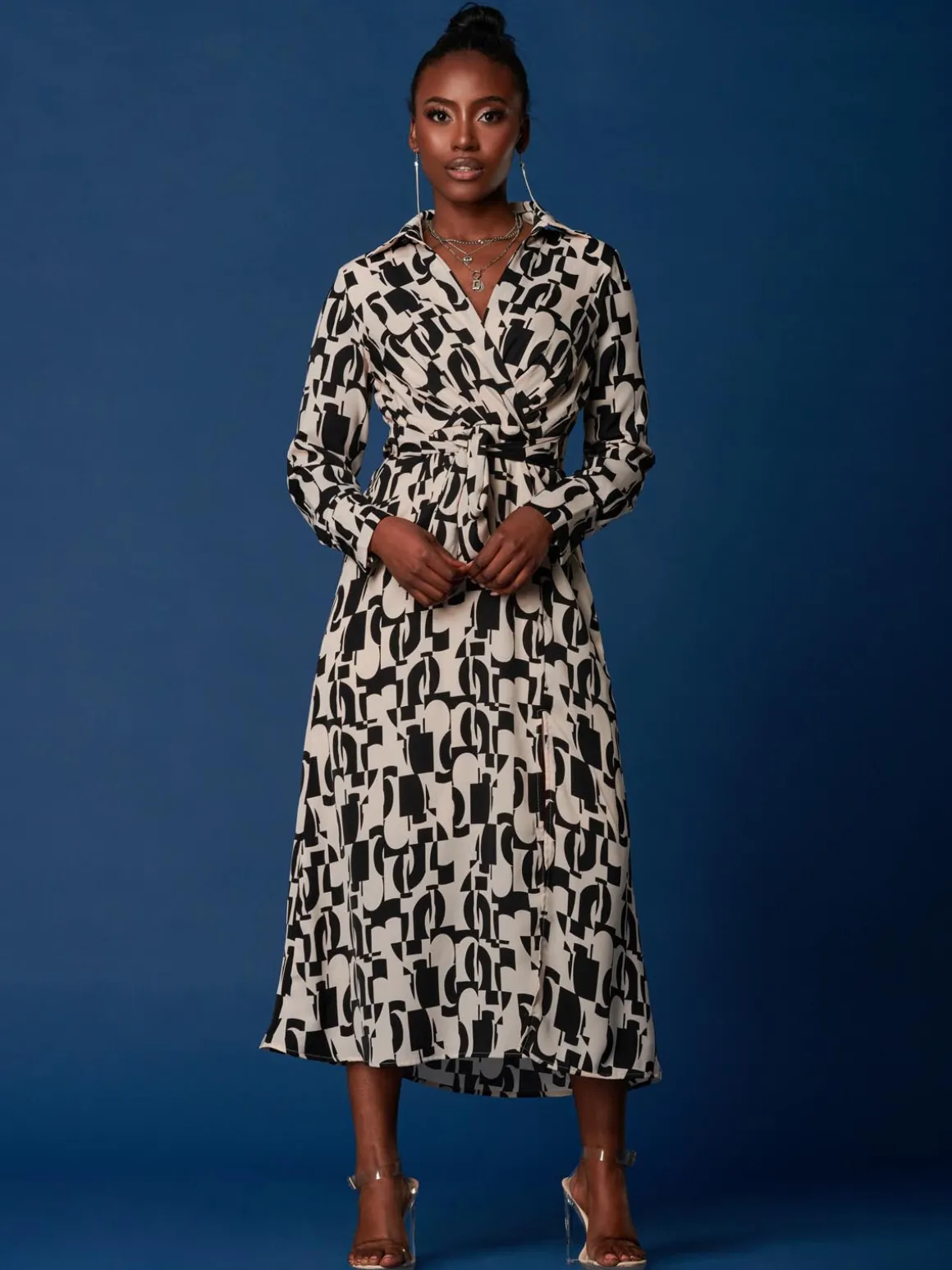 Wrap Detail Shirt Maxi Dress, Cream/Black