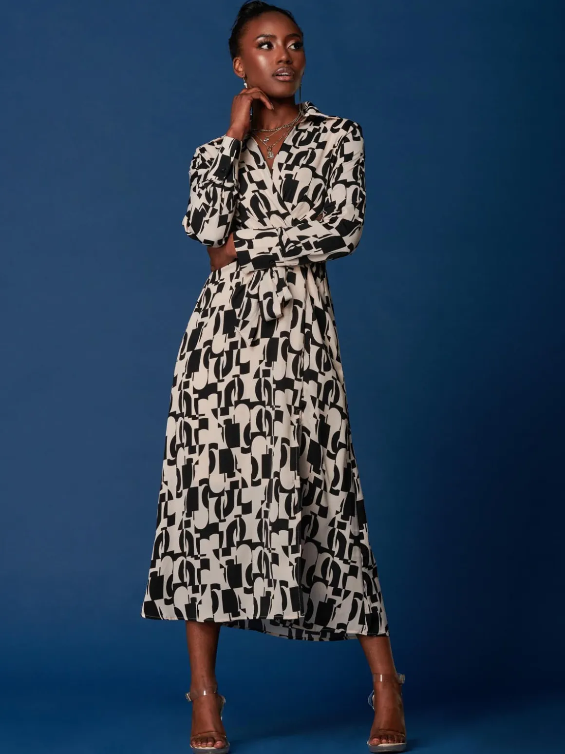 Wrap Detail Shirt Maxi Dress, Cream/Black