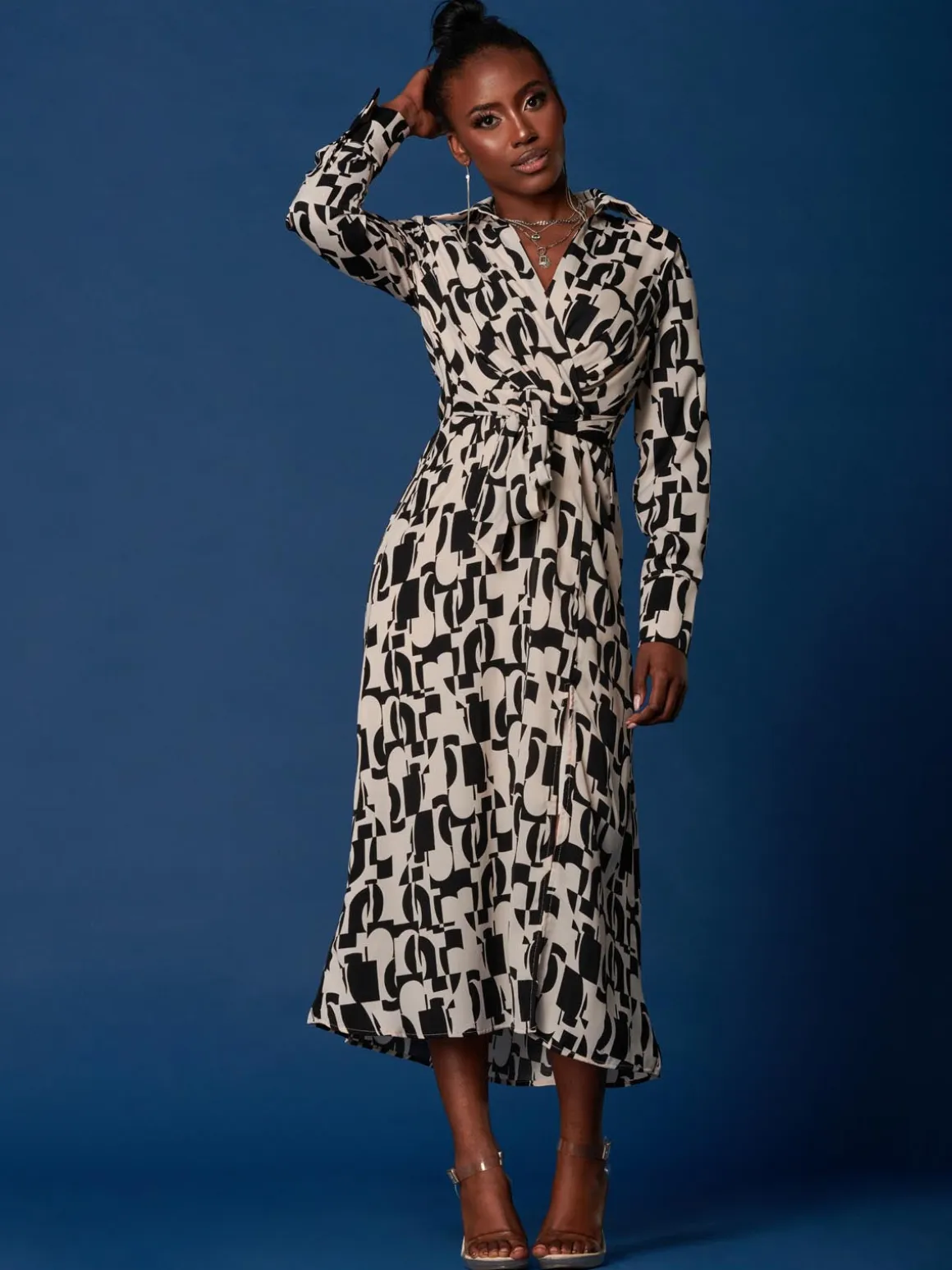 Wrap Detail Shirt Maxi Dress, Cream/Black