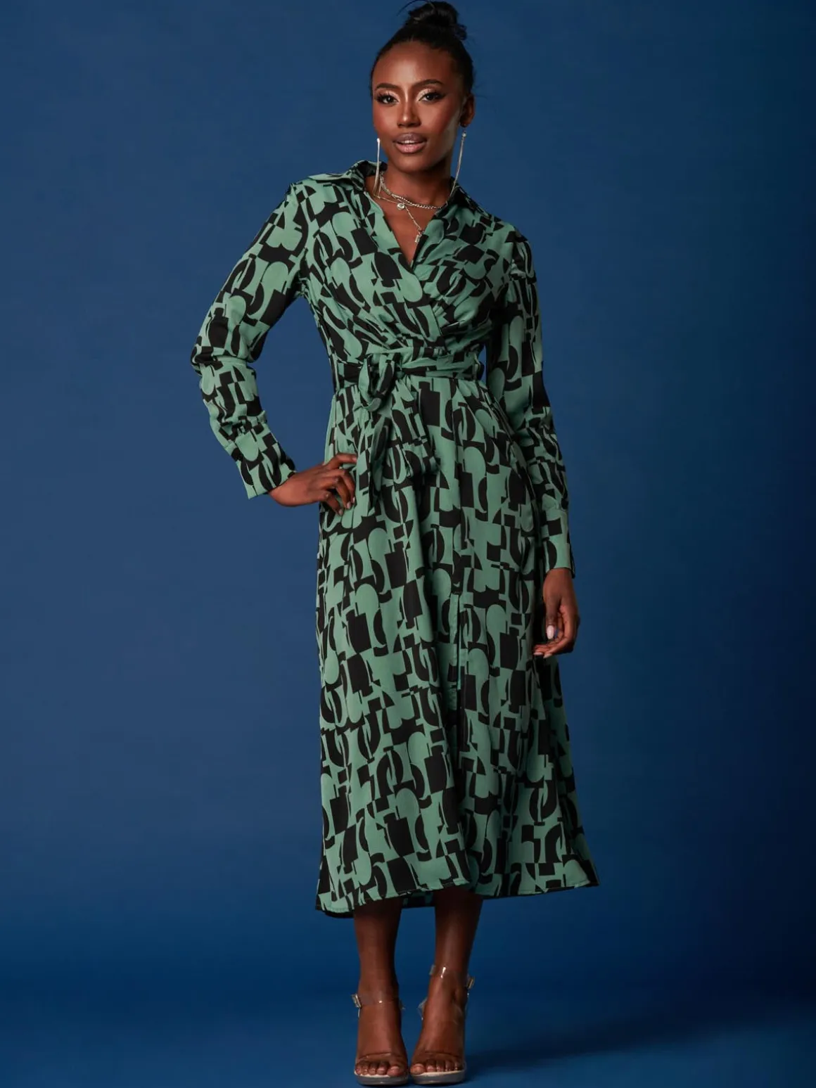 Wrap Detail Shirt Maxi Dress, Green Geo