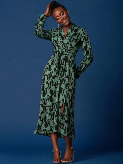 Wrap Detail Shirt Maxi Dress, Green Geo