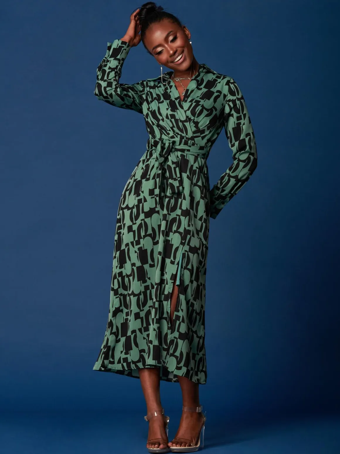 Wrap Detail Shirt Maxi Dress, Green Geo