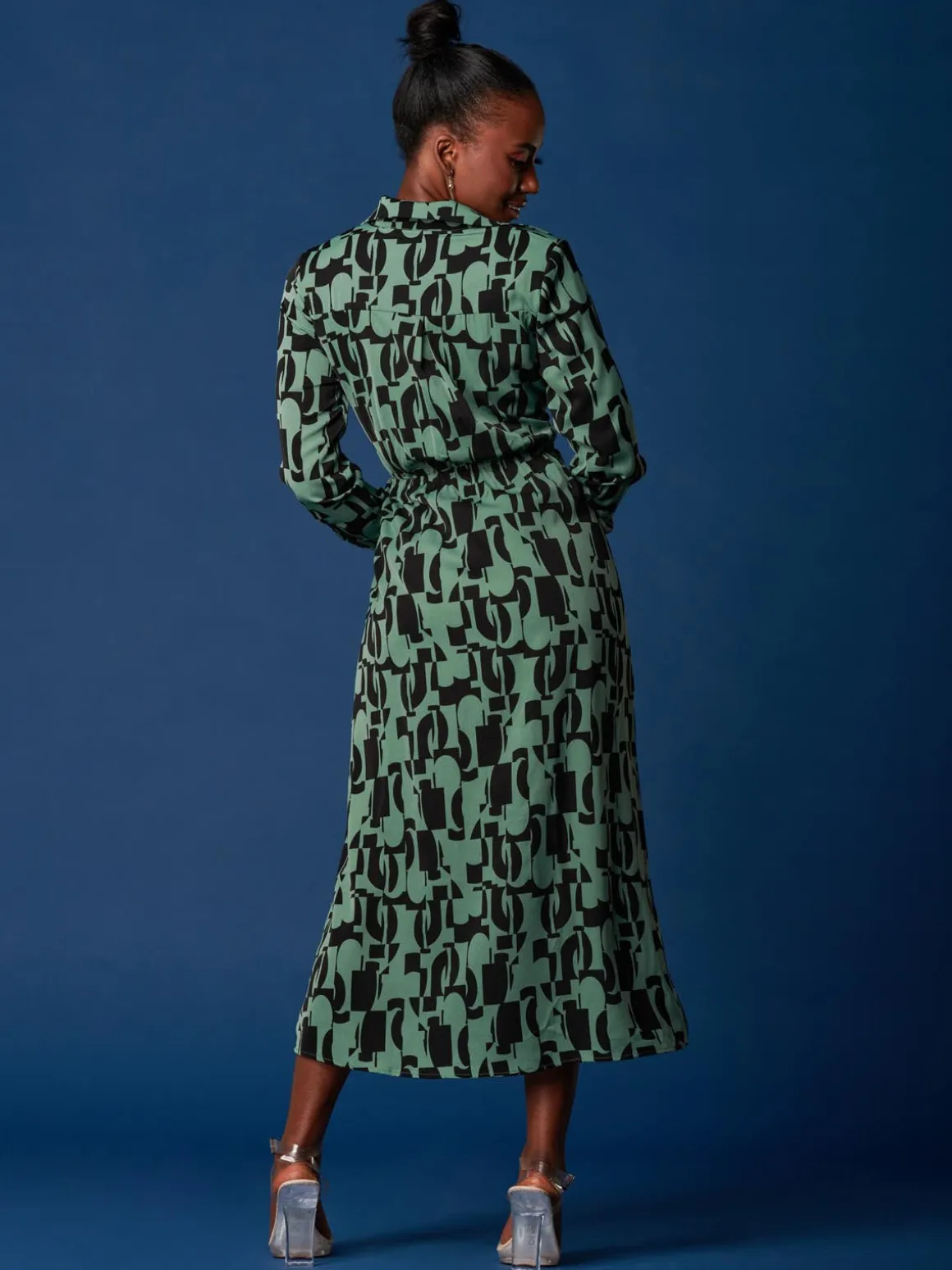 Wrap Detail Shirt Maxi Dress, Green Geo