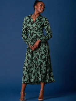 Wrap Detail Shirt Maxi Dress, Green Geo
