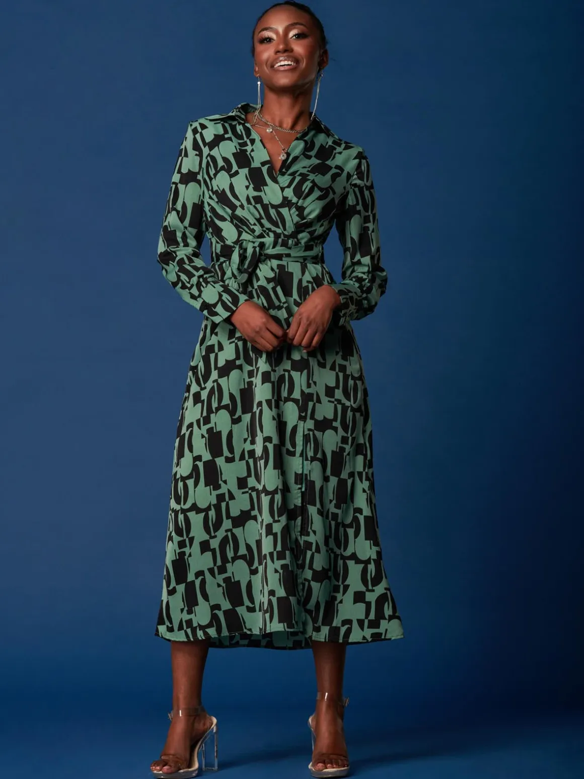 Wrap Detail Shirt Maxi Dress, Green Geo